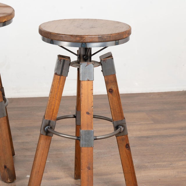 Set of Four 20th Century Pine and Metal Industrial Barstools For Sale - Image 6 of 12