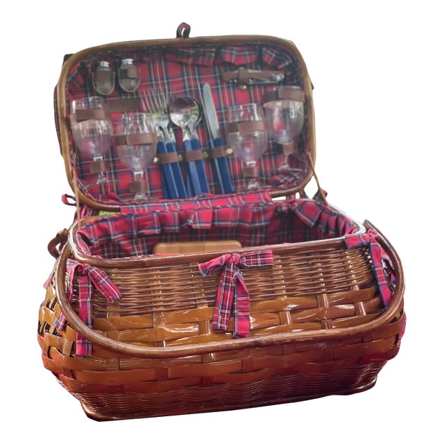 Vintage Wicker and Red & Blue Tartan Picnic Time Picnic Basket For Sale