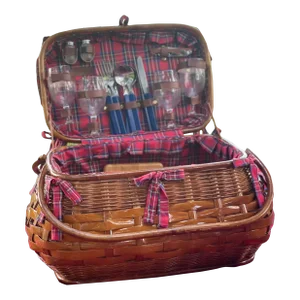 Vintage Wicker and Red & Blue Tartan Picnic Time Picnic Basket