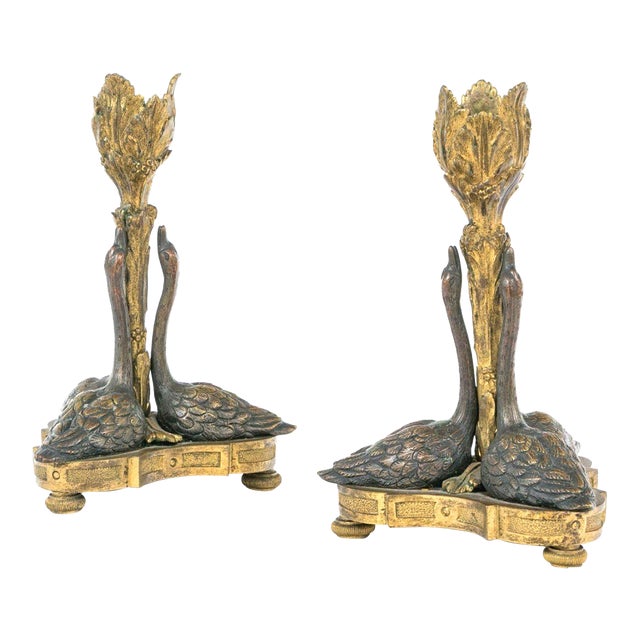 19th C. William IV Gilt & Bronze Swan Candlesticks After William Bateman II For Sale