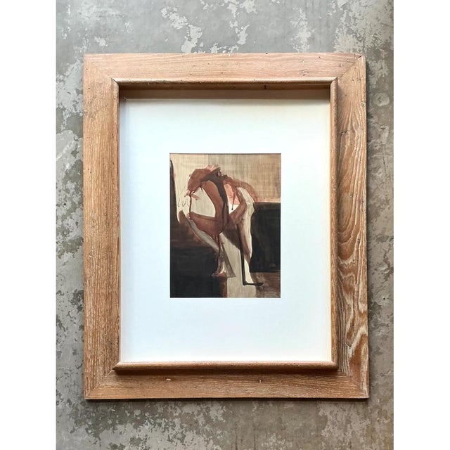 Rendered on paper and housed under protective glass, this vintage abstract figurative artwork captures a striking sense of...