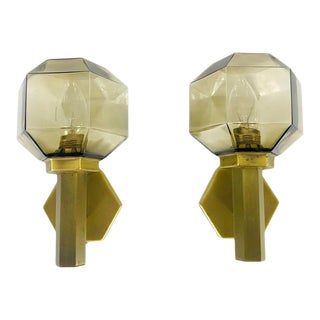 Hillebrand Brass and Amber Glass Wall Lamps, Germany, 1960s - a Pair For Sale