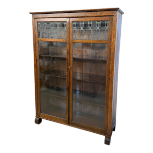 Antique Arts and Crafts Oak 5-Shelf Bookcase With Stained Glass Doors