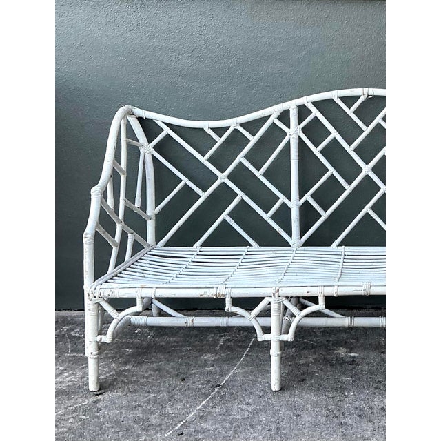 Wood Vintage Chinese Chippendale Camel Back Rattan Sofa For Sale - Image 7 of 12