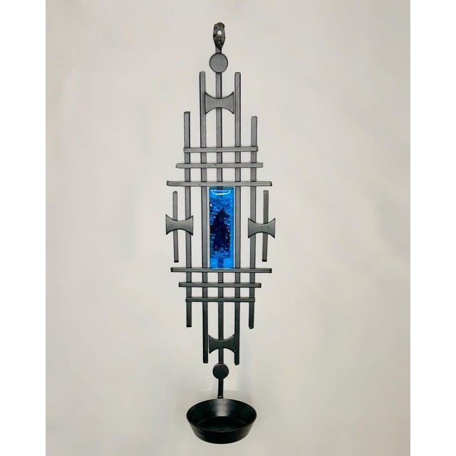 Large Brutalist Danish Wall Candleholder in Wrought Iron and Blue Glass from Dantoft, 1960s For Sale - Image 6 of 6