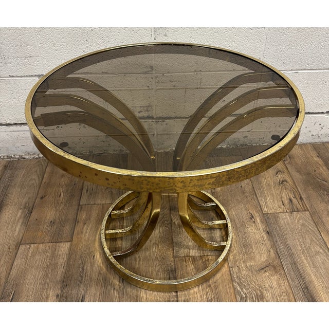 Mid 20th Century Vintage Hollywood Regency Art Deco Tulip Milo Baughman Style Brass & Glass Table For Sale - Image 5 of 11