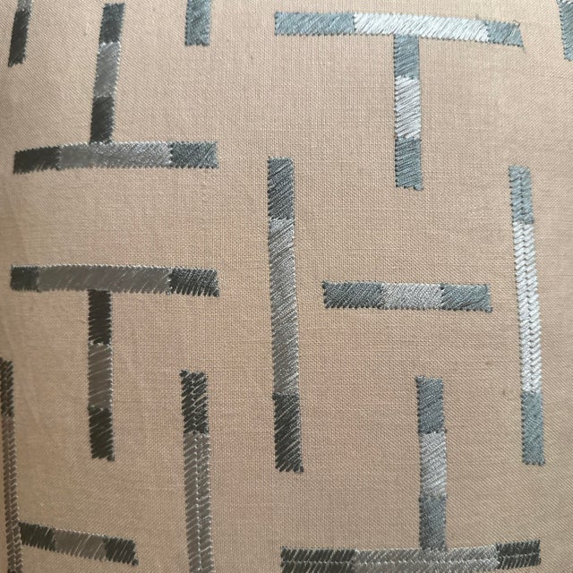Handcrafted decorative pillow case. Double sided crossword embroidered cotton/linen beige/blue 13”X20”Invisible zipper....