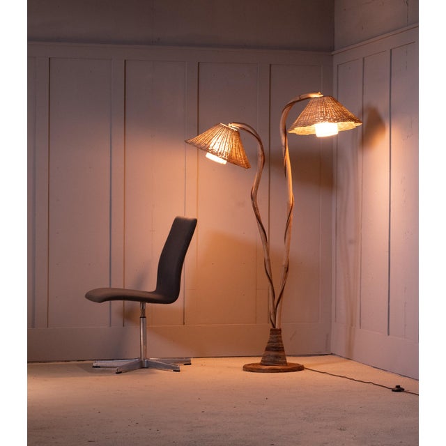Thalia Double Rattan Floor Lamp With 2 Adjustable Woven Floral Conical Shades For Sale - Image 4 of 14