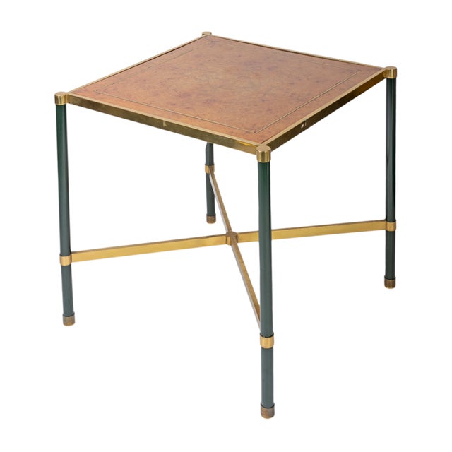 A beautiful Burlwood game table with brass and hunter green enamel legs. Dimensions: L 31.5" x W 31.5" x H 30"