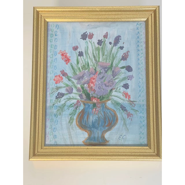 Vintage acrylic on paper abstract still life wild Floweers bouquet in blue vase. Framed and signed.