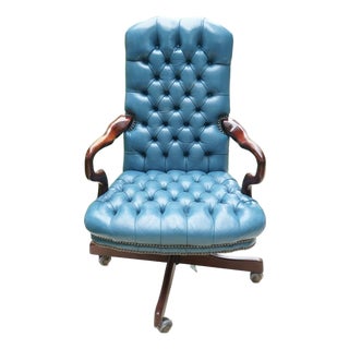 Vintage English Regency Style Tufted Leather Executive Swivel Desk Chair For Sale