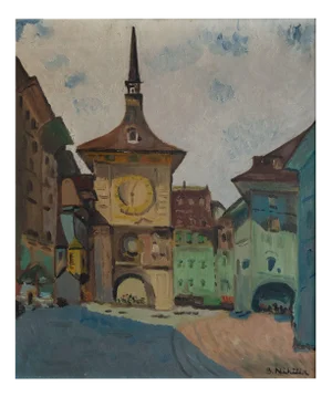 Bern Clock Tower Cityscape, Original Oil Painting, Mid-20th Century