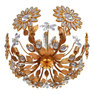 Large Floral Chandelier in Brass and Crystal Glass by Ernst Palme for Palwa, 1970s For Sale