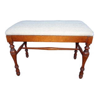 Vintage French Country Brown Bench W White Fabric For Sale