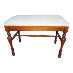 Vintage French Country Brown Bench W White Fabric