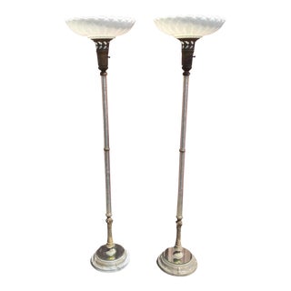 Pair of Antique Torchiere Floor Lamps Opalescent Large Milk Glass Shades Clear Columns With Etched Grape and Vines 1920s For Sale