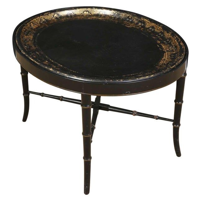 Chinoiserie English Papier Mache Table on Faux Bamboo Stand For Sale - Image 3 of 4