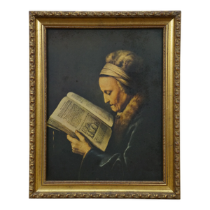 1976 Old Woman Reading a Lectionary Portrait Print on Board After Gerrit Dou 13", Framed