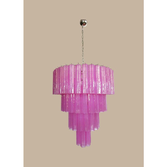Murano Italian Huge Pink Murano Glass Tiered Chandelier – 78 Fuchsia Silk Tubes For Sale - Image 4 of 5