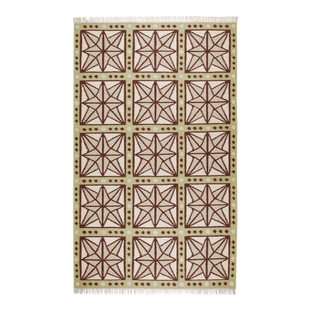 Part & Parcel Goods Wool Star Rug, 15' x 20', Celadon, Chocolate, Sage and Eggshell For Sale
