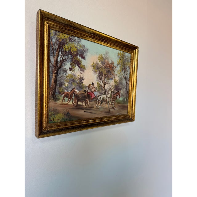 Charming 1970s vintage Country Impressionist oil on canvas painting depicting a pastoral horse-and-carriage scene set...