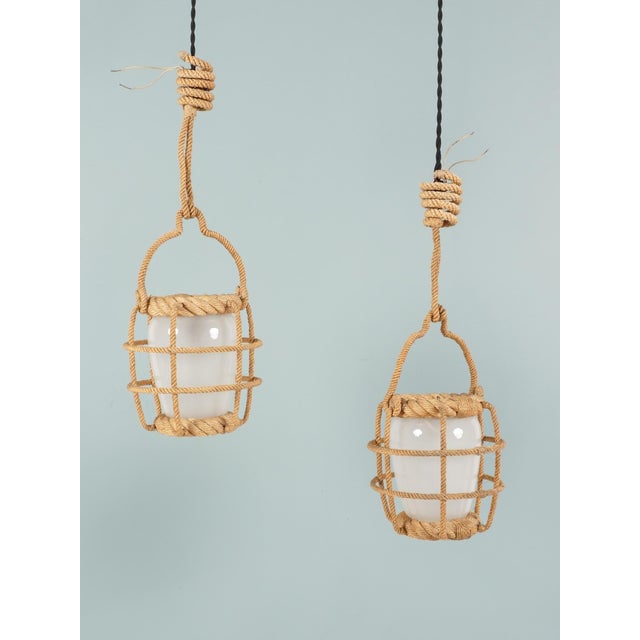 Rope and Opaline Lanterns by Adrien Audoux & Frida Minet, 1960s, Set of 2 For Sale - Image 4 of 5