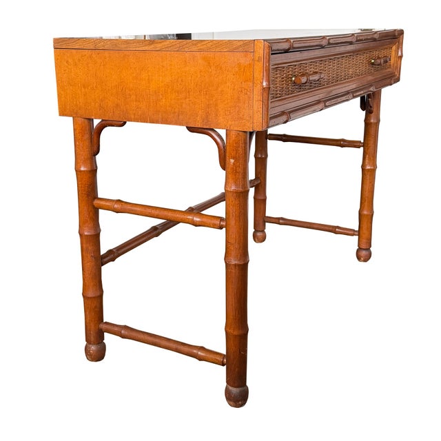 1960s American of Martinsville Faux Bamboo & Cane Writing Desk Console Table MCM For Sale - Image 5 of 11