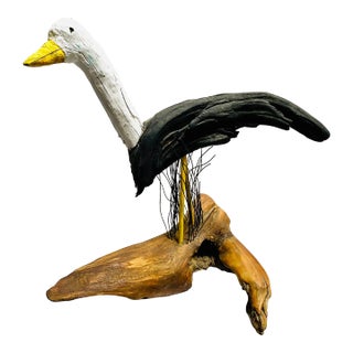 Vintage Coastal Hand-Carved and Painted Large Seagull Driftwood Statue For Sale