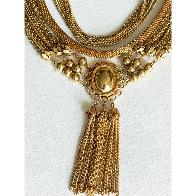 Vintage 1970s Gold Tone Multi-Strand Tassel Bib Necklace, Etruscan Revival Style For Sale - Image 10 of 16