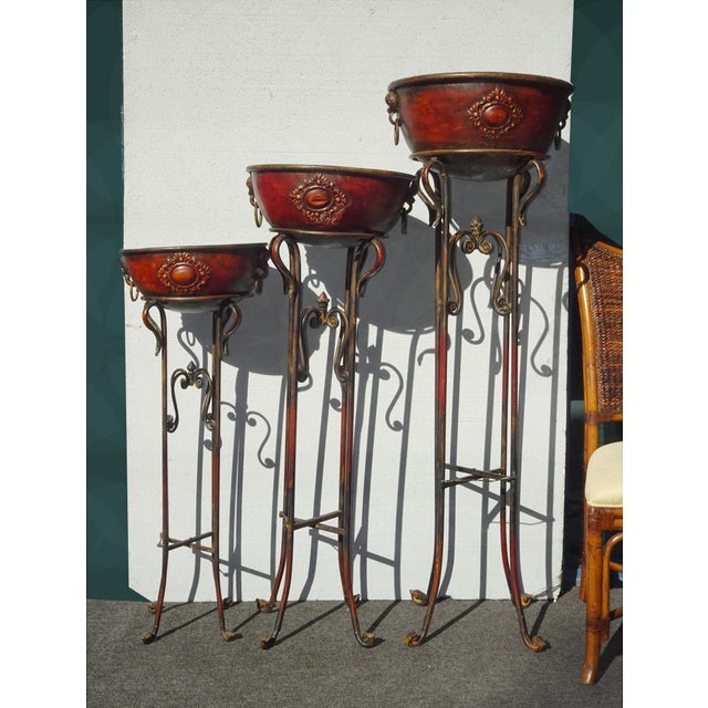 Mid-Century Modern 54" Tall Vintage Set of Three Brown Metal Planters Plant Stands With Bowl Trays For Sale - Image 3 of 7