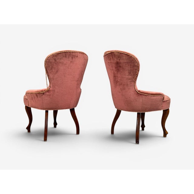 Swedish Modern, Traditional Slipper Chairs, Pink Velvet, Wood, Sweden, 1950s For Sale - Image 10 of 15