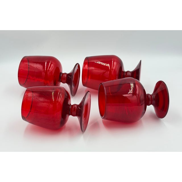 Blenko Vintage Blenko Hand Blown Red Brandy Art Glass Snifter 4pc Set For Sale - Image 4 of 8
