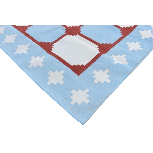 Casa Cosima Handwoven Cotton Area Rug, Sky Blue and Terracotta Red Tile Swedish Dhurrie - 6'x9' For Sale - Image 4 of 13