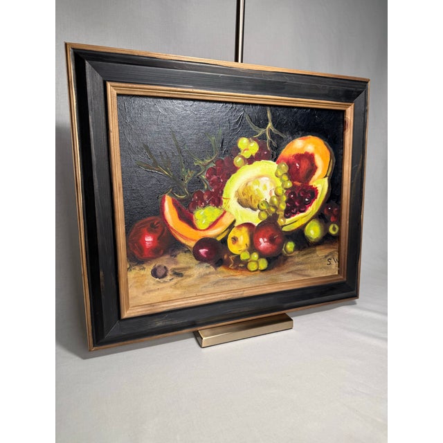 This still life original oil art composition piece portrays an assortment of fruit ---including chartreuse and light...