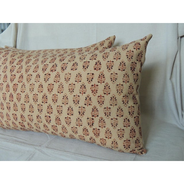 Indian Vintage Orange Hand-Blocked Indian Print Decorative Long Bolsters Pillows - Set of 2 For Sale - Image 3 of 6