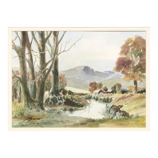 Jens Knudsen Farmhouse at the Pond Watercolor Landscape 1958 For Sale