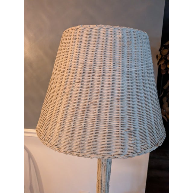 Boho Chic Vintage White Wood Wicker Floor Lamp For Sale - Image 3 of 12