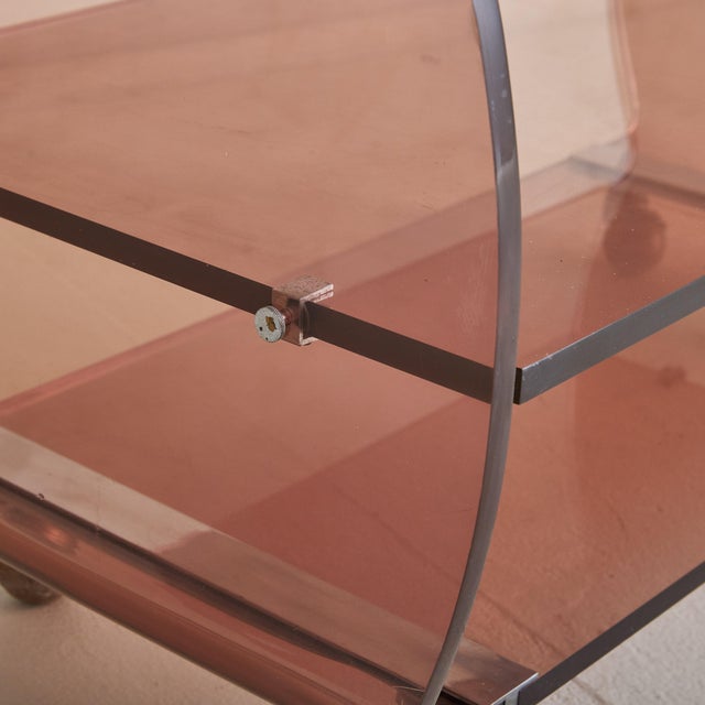 Chrome French Plexiglass Bar Cart on Casters Attributed to Michel Dumas For Sale - Image 8 of 12