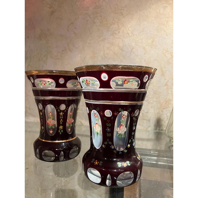 Antique Bohemian Amber Glass Goblets with Hand-Painted Floral Decoration, Set of 2 For Sale - Image 6 of 10
