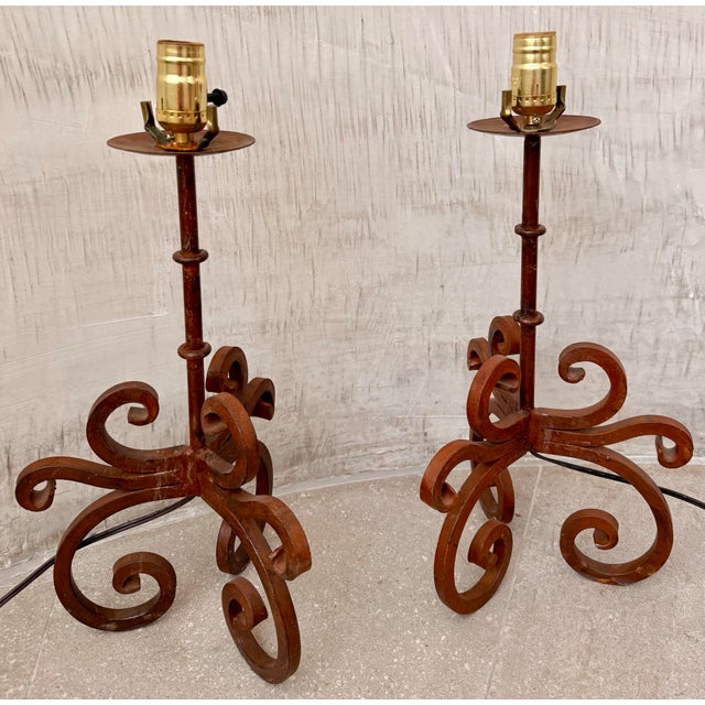 Vintage Rustic Wrought Iron Spanish Revival Style Candle Holders Converted to Table Lamps, Circa 1980s- A Pair For Sale - Image 4 of 12