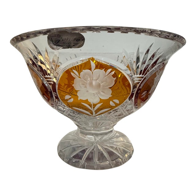 Vintage Polish Julia Cut Crystal Amber Overlay Footed Centerpiece Bowl For Sale