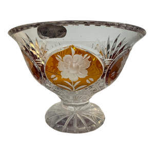 Vintage Polish Julia Cut Crystal Amber Overlay Footed Centerpiece Bowl