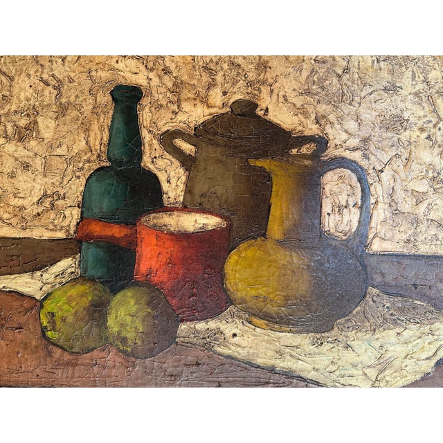 Beautiful Italian, mid century, still life oil on canvas painting, in gorgeous original two toned wooden frame