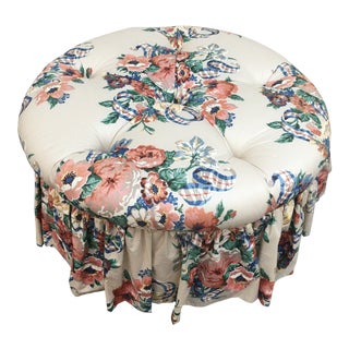Vintage Round Tufted Floral Ottoman For Sale