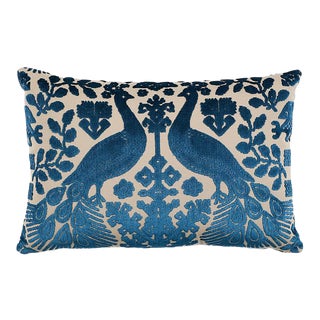 Schumacher Pavone Velvet 20" Lumbar Pillow in Peacock & Sand For Sale
