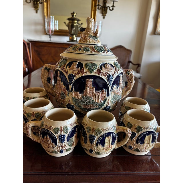 1954 Mid Century Modern German Gerz Castle Relief Stoneware Punch - Set of 7 For Sale - Image 10 of 10