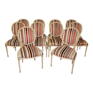 Set of 10 Distressed White Swedish Gustavian Style Dining Chairs by Henredon, 1990s For Sale