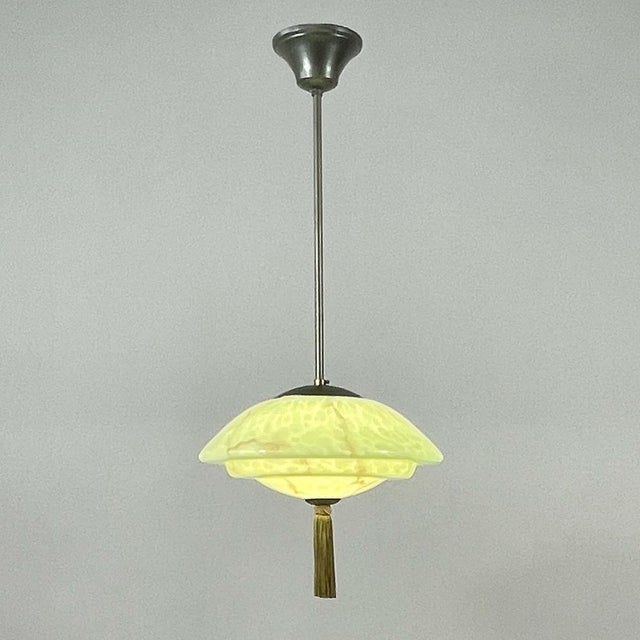 Green Marbled Opaline and Burnished Brass Pendant with Tassel, Germany, 1930s For Sale - Image 3 of 17