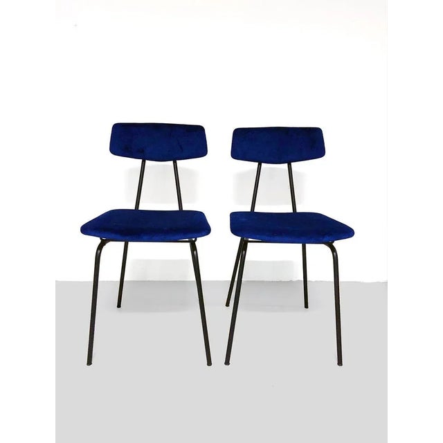 Set of two Italian design chairs, in the manner of Elettra chair from BBPR. New navy blue velvet upholstery. Black iron...
