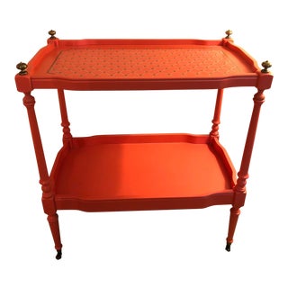 Vintage Hand Painted Coral Bar Cart With Brass Trim For Sale